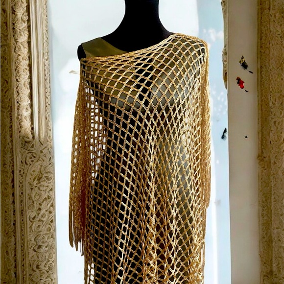 None Accessories - Open Weave Bathing Suit Coverup / Shawl / Poncho Style. Metallic Gold. New!